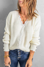 Load image into Gallery viewer, Lace Trim V-Neck Button Cuff Rib-Knit Sweater
