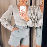Load image into Gallery viewer, Elegant Women Sequined Tops 2021 Spring Fashion Ladies Vintage Silver Top Party Female Sexy V-Neck Tops Femme Girls Chic Clothes

