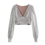 Charger l&#39;image dans la galerie, Elegant Women Sequined Tops 2021 Spring Fashion Ladies Vintage Silver Top Party Female Sexy V-Neck Tops Femme Girls Chic Clothes
