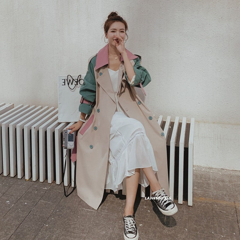 2022 Vintage Patchwork Windbreaker For Women Lapel Long Sleeve High Waist With Sashes Lace Up Bowknot Coat Female Autumn FY155