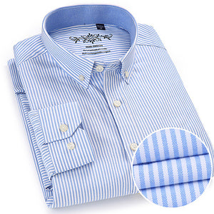 Mens Long Sleeve Oxford Plaid Striped Casual Shirt Front Patch Chest Pocket Regular-fit Button-down Collar Thick.