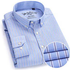 Mens Long Sleeve Oxford Plaid Striped Casual Shirt Front Patch Chest Pocket Regular-fit Button-down Collar Thick.