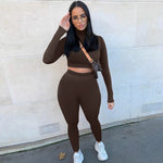 Lade das Bild in den Galerie-Viewer, Two Piece Sets Women Solid Autumn Tracksuits High Waist Stretchy Sportswear Hot Crop Tops And Leggings Matching Outfits
