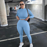 Charger l&#39;image dans la galerie, Two Piece Sets Women Solid Autumn Tracksuits High Waist Stretchy Sportswear Hot Crop Tops And Leggings Matching Outfits
