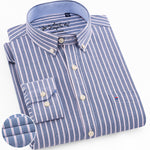 Cargar imagen en el visor de la galería, Mens Long Sleeve Oxford Plaid Striped Casual Shirt Front Patch Chest Pocket Regular-fit Button-down Collar Thick.
