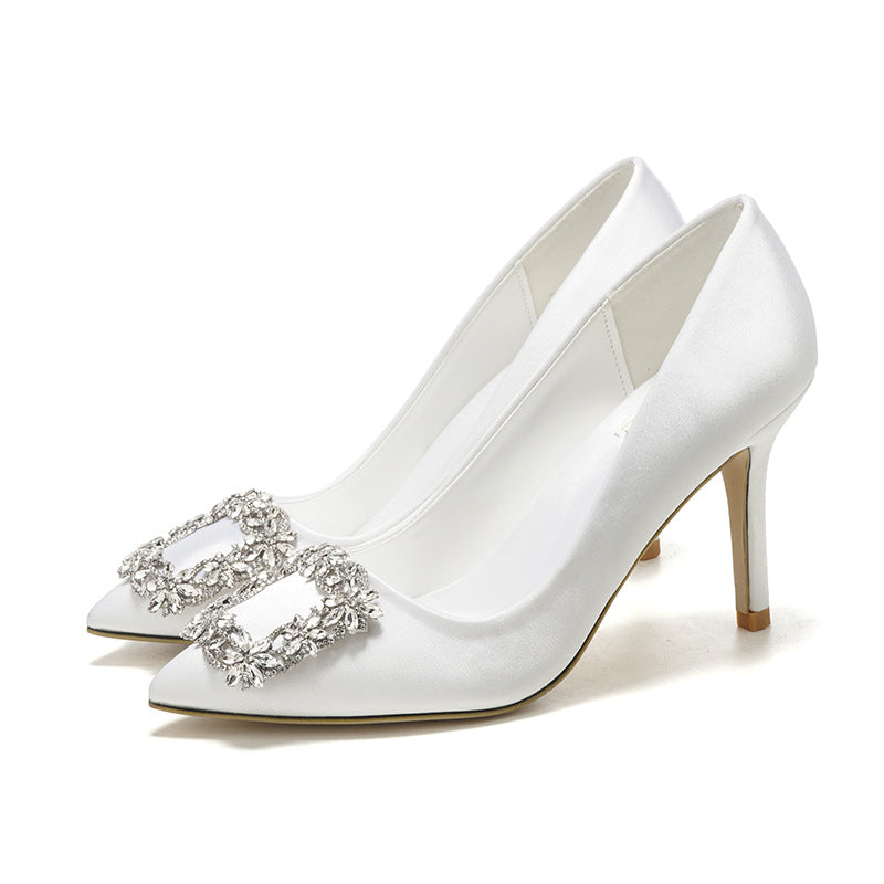 Korean Style Pointed High Heel White Wedding Shoes Rhinestone Bridal Shoes Small Size Shoes 33-43 Sizes Dress Party Shoes