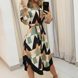 Lady Cover Up Women's Shirt Dress Wave Print Long Sleeve V-Neck Casual Loose Holiday Midi Dress Plus Size