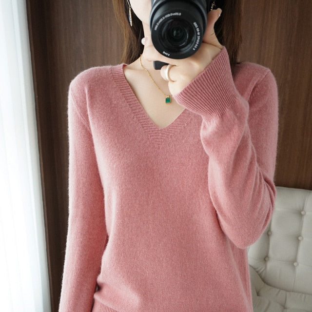 Autumn Winter New Cashmere Sweater V-neck Knitting Sweater korean Long Sleeve Loose Tops