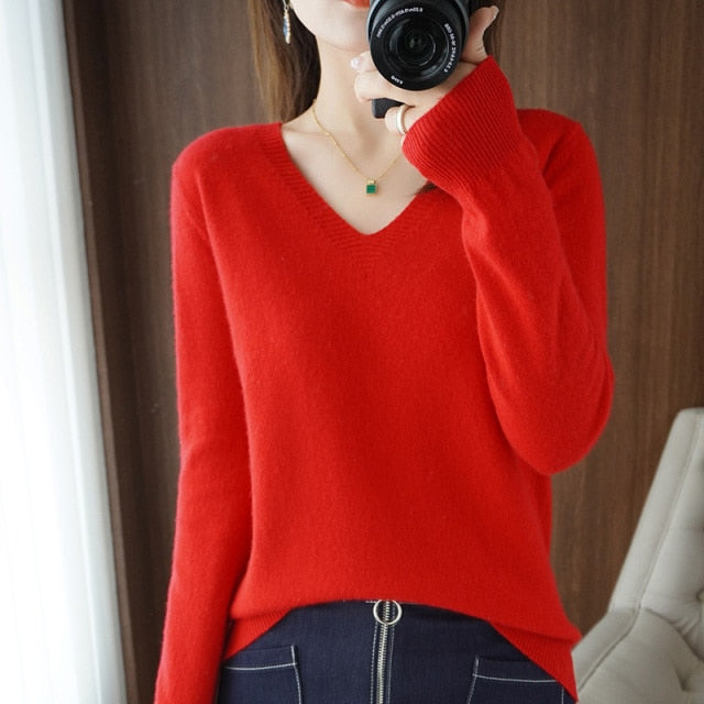 Autumn Winter New Cashmere Sweater V-neck Knitting Sweater korean Long Sleeve Loose Tops