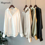 Lade das Bild in den Galerie-Viewer, Silk Korean Office Ladies Elegant Shirt Blouse Women Fashion Button Up Satin Shirt Vintage White Long Sleeve Shirts Tops 11355
