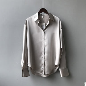 Silk Korean Office Ladies Elegant Shirt Blouse Women Fashion Button Up Satin Shirt Vintage White Long Sleeve Shirts Tops 11355