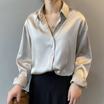 Load image into Gallery viewer, Silk Korean Office Ladies Elegant Shirt Blouse Women Fashion Button Up Satin Shirt Vintage White Long Sleeve Shirts Tops 11355
