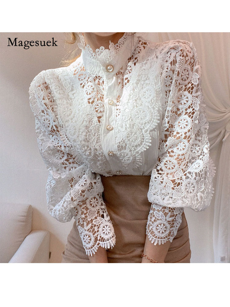 Petal Sleeve Stand Collar Hollow Out Flower Lace Patchwork Shirt Femme Blusas All-match Women Lace Blouse Button White Top 12419