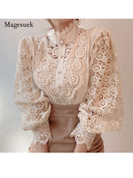 Charger l&#39;image dans la galerie, Petal Sleeve Stand Collar Hollow Out Flower Lace Patchwork Shirt Femme Blusas All-match Women Lace Blouse Button White Top 12419
