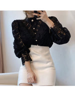Load image into Gallery viewer, Petal Sleeve Stand Collar Hollow Out Flower Lace Patchwork Shirt Femme Blusas All-match Women Lace Blouse Button White Top 12419
